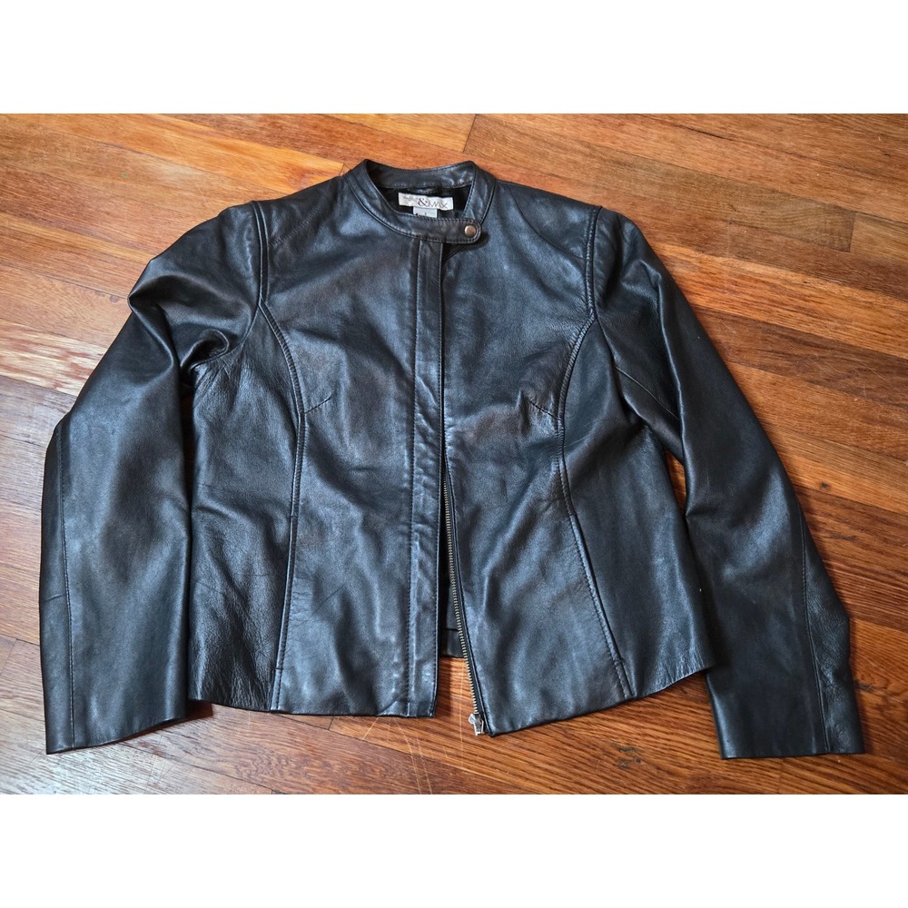 Madison & Max Petite Black Genuine Leather Jacket Size 8 Collarless Zip Moto